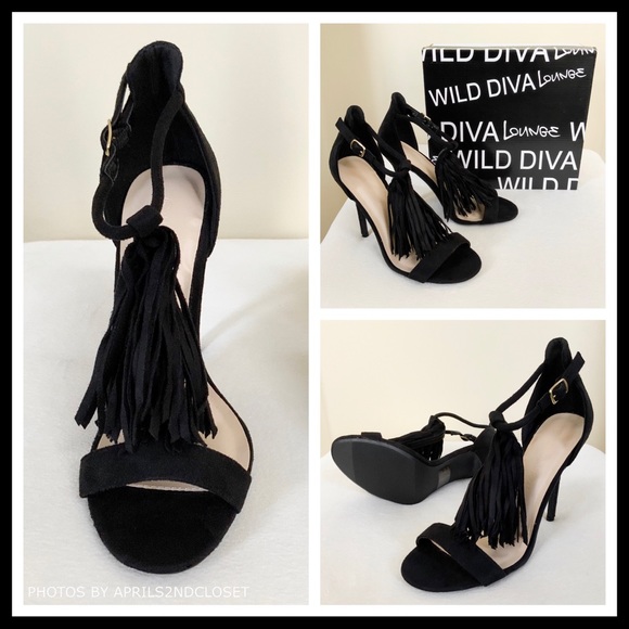 BLACK ANKLE STRAP HIGH HEELS BOHO FRINGE SANDALS - Picture 3 of 8